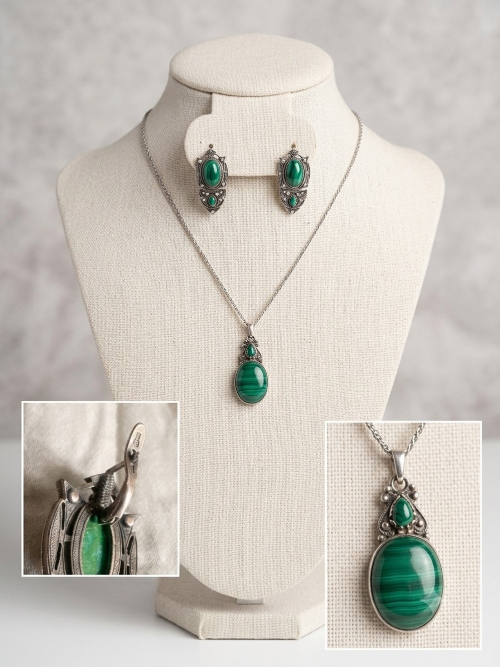 Sterling Silver Green Malachite Pendant Necklace and Matching Earrings